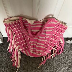 Pink and Cream Striped Fringe Tote Bag